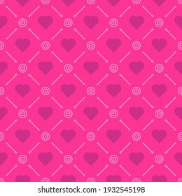 Seamless pattern hot pink color background, heart shape magenta color, arrow and target pink color. Arrange in a 45 degree oblique zigzag. Vector illustration.