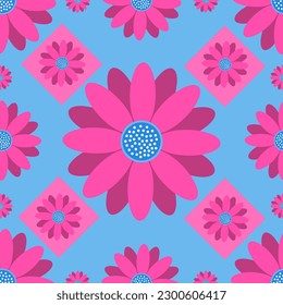 Seamless pattern with hot pink flowers on the blue. Groovy background. Trendy colors. Design for wrapping paper, textile. Vector illustration.
