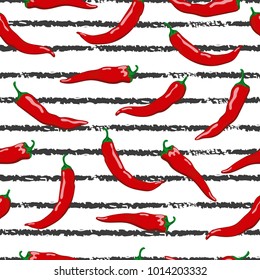 Seamless pattern with hot red chili peppers on striped background.