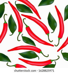 Seamless pattern of hot red chili peppers with green leaves. The product is a vegetable hot red chili pepper. Hot chilli pepper food illustration on white background.