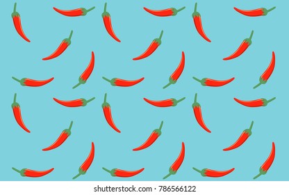 seamless pattern of Hot red chili pepper in flat icon design on blue color background