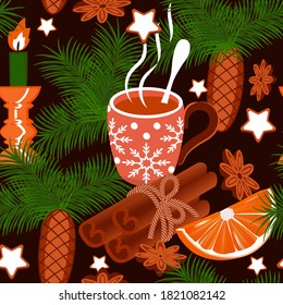 Seamless pattern of hot tea cups, cinnamon sticks, anise, orange slices, candles and fir branches.