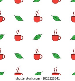 seamless pattern with hot tea drink and green leaves ornament, background template vector