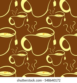 seamless pattern the hot tea easy silhouette on brown .vector illustration