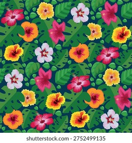 Seamless pattern of hot tropical hibiscus flowers and tropical leaves. Vector illustration.