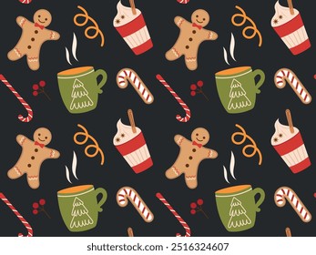 Padrão contínuo com bebidas quentes de inverno e homem de gengibre, cana de doces no fundo preto. Ilustração vetorial de bebidas de Natal, perfeito para têxteis, papel de embrulho, fundo