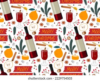 Seamless pattern with Hot winter holiday drink. Merry Christmas. Drink glass with ingredients for recipe, fruits and spices, honey, bottle. Flat vector drink template isolated on white background.