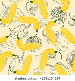 Seamless Pattern with Hot yellow Suriname peppers. Vegetable freehand style pattern. Tasty Madame Jeanette peppers in hand drawn cartoon style. Vector food illustration.