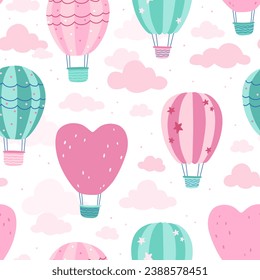 Seamless pattern with hot-air balloons flying in the sky. Vector background. Texture for print, textile, fabric