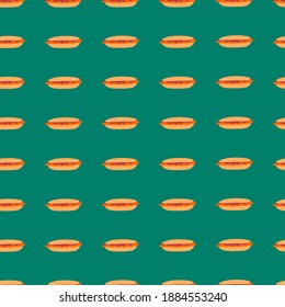 Nahtlose Muster von Hotdog auf grünem Hintergrund. Fast Food Konzept. Vektorgrafik.
