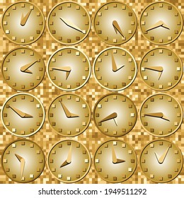 Seamless pattern. Hour dials with arrows against a background of motley squares. Gold shades.