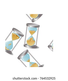 A seamless pattern with an hourglass, in which coins are poured, money along with the sand, displaying the concept of time and money