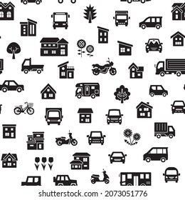 Seamless Pattern Of House And Car And Bike And Plant - Silhouette -