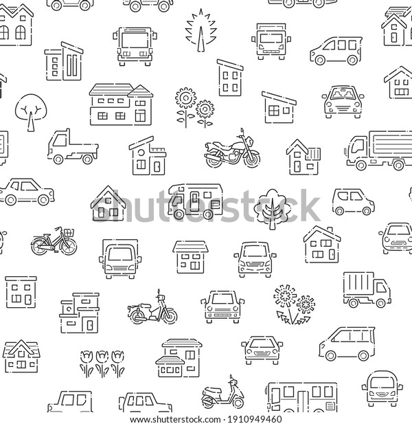 seamless pattern of house and car and bike and plant -\
broken line -