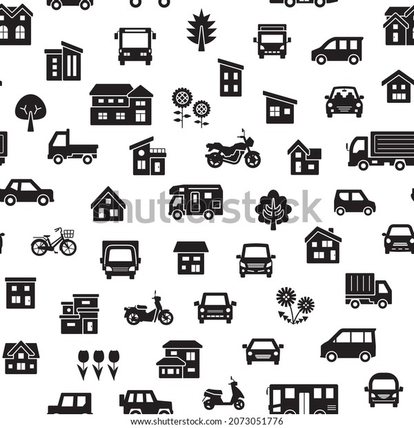 seamless pattern of house and car and bike and plant -\
silhouette -