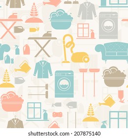 Seamless pattern of house cleaning icons. Vector seamles illistration of housekeeping with all main housework symbols - washing, cleaning, vacuum cleaning.