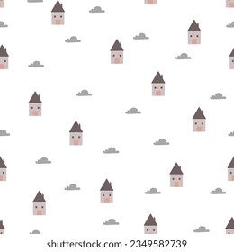 Patrón sin inconvenientes con diseños de ilustraciones vectoriales en hogares y nubes