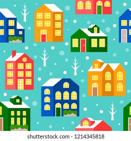 seamless pattern house or cottage with snow falling in winter theme,flat design vector.