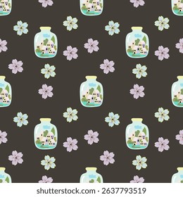 seamless pattern with house and forest  in bottle cute cartoon style .Hand drawn pastel colorful pink background artwork vintage element for printed fabric wallpaper gift digital art vector 