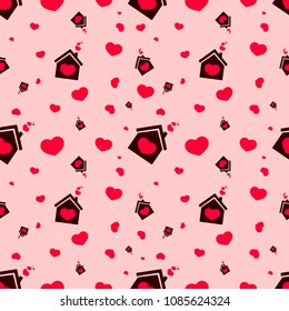 Seamless pattern with house of love and hearts, flat design template, vector illustration