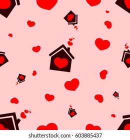 Seamless pattern with house of love and hearts, Valentine Day, flat design template, vector illustration