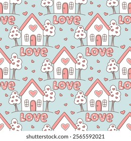 Seamless pattern with house for lovers on blue background. Concept of tenderness and love. Cute background for valentine's day, wedding decor, birthday. Modern print for wrapping paper, fabric