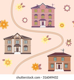 Seamless pattern with house on the street. Cartoon pattern with flower. Cute background for you design.