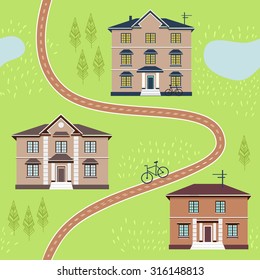 Seamless pattern with house on the street. Cartoon pattern with flower. Cute background for you design.