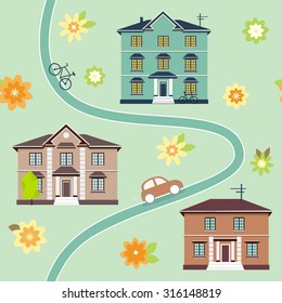Seamless pattern with house on the street. Cartoon pattern with flower. Cute background for you design.