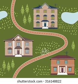 Seamless pattern with house on the street. Cartoon pattern with flower. Cute background for you design.
