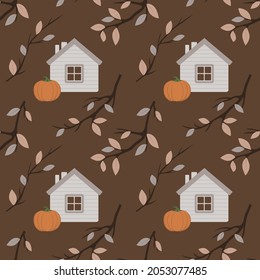 Seamless pattern with house and orange pumpkin on a brown background with autumn twigs. Perfect backdrop for fabric, packaging, textile, wallpaper. Vector illustration