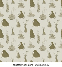 Seamless pattern of house plant pots creative design collection on beige background. Vector illustration.