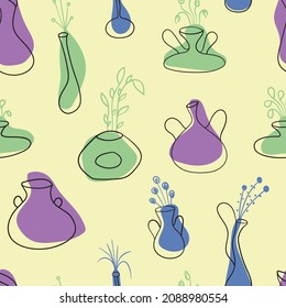 Seamless pattern of house plant pots creative design collection on yellow background. Vector illustration.