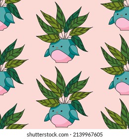 Seamless pattern with house plants in cute bird pots on a pink background. Vector image. Botanical ornament for fabric, clothing, wallpaper, wrapping paper, stationery. 