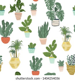 Seamless pattern with house plants in different cute colorful pots