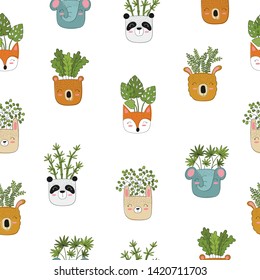 Seamless pattern with house plants in funny animal pots. Background with adorable objects. Valentine's day, anniversary, save the date, baby shower, bridal, birthday, decoration