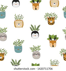 Seamless pattern with house plants in funny animal pots. Background with adorable objects. Valentine's day, anniversary, save the date, baby shower, bridal, birthday, decoration