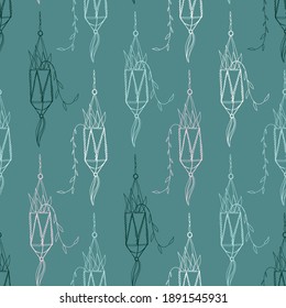Seamless pattern with house plants and macrame decorations.