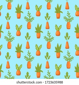 Nahtlose Muster von Hauspflanzen auf hellblauem Hintergrund. Cute flache Cartoon, Vektorgrafik