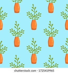 Seamless pattern of house plants on a light blue background. Cute flat cartoon vector illustration