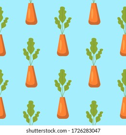Seamless pattern of house plants on a light blue background. Cute flat cartoon vector illustration