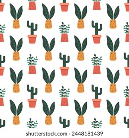 Seamless pattern with house plants on white background