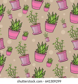 Seamless pattern with house plants in pink pots. Cute and colorful background.