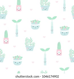 Seamless pattern with house plants in pots. Vector hand drawn illustration.