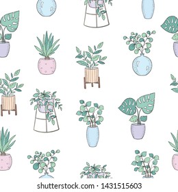 Seamless pattern with house plants in pots. Wallpaper with adorable objects on background. Valentine's day, anniversary, save the date, baby shower, bridal, birthday, decoration
