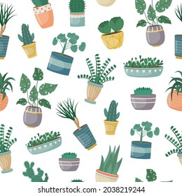 The seamless pattern with house plants in pots. Planting plants. Decorative plants in the interior of the house. Flat style.