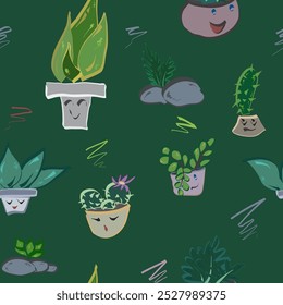 A seamless pattern of  house plants in pots. Hand draw, free style, with funny faces.