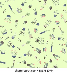 Seamless pattern with house plants in pots. Vector background illustration on green background.