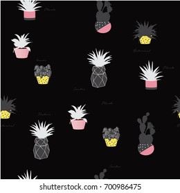 Seamless pattern with house plants in pots. Vector background illustration on black  background.