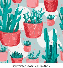 Seamless pattern with house plants, sketch style vector illustration